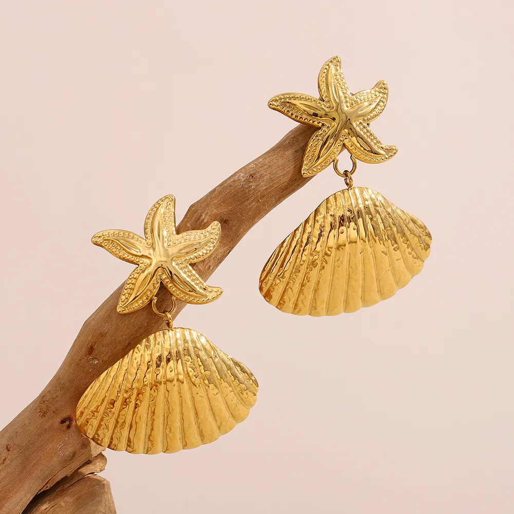 Starfish Shell Stud Earrings Stainless Steel 18K Gold Plated Ocean Sea Theme Fashion Jewelry For Women