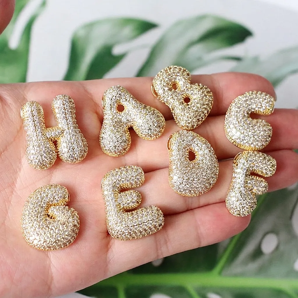 Bubble Letter Pendants Gold Plated Copper Micro Pave Cubic Zirconia Initial Alphabet 3D Balloon Style For DIY Jewelry Making