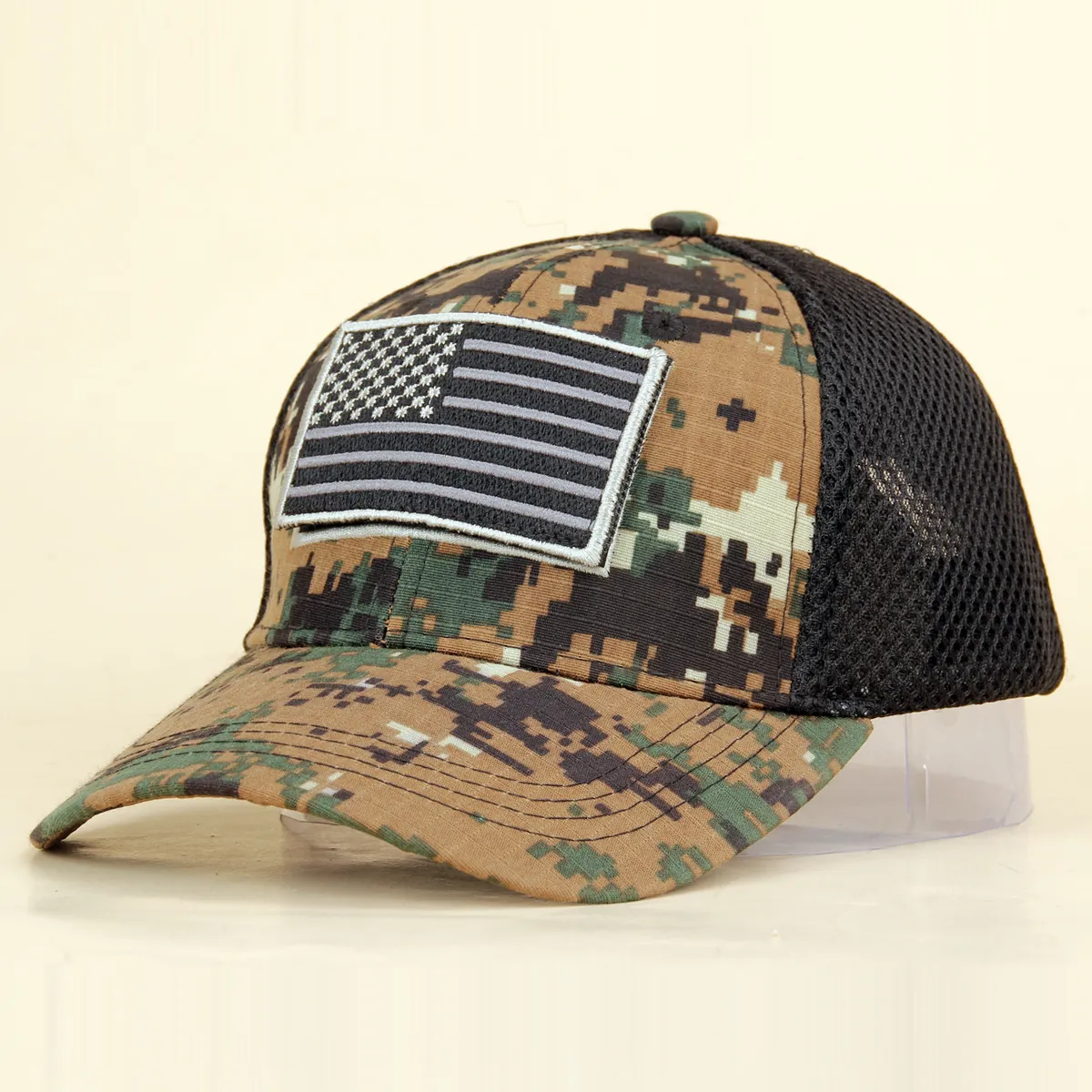 Men Tactical Baseball Cap Camouflage Mesh Breathable American Flag Patch Adjustable Outdoor Sun Protection Sport Hat