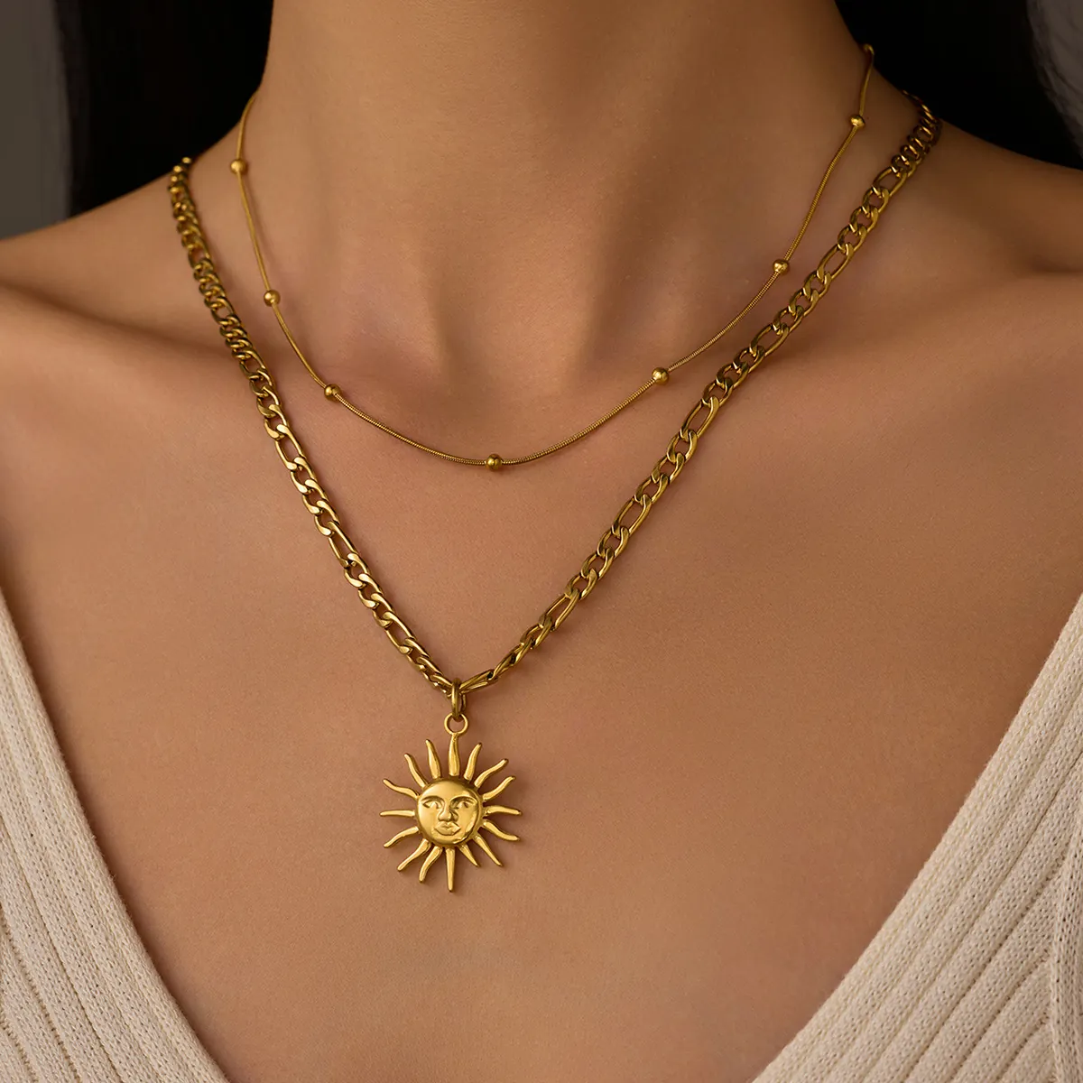 Sun God Face Pendant Necklace 18K Gold Plated Stainless Steel Double Layered Beaded Figaro Chain Retro Personalized Jewelry