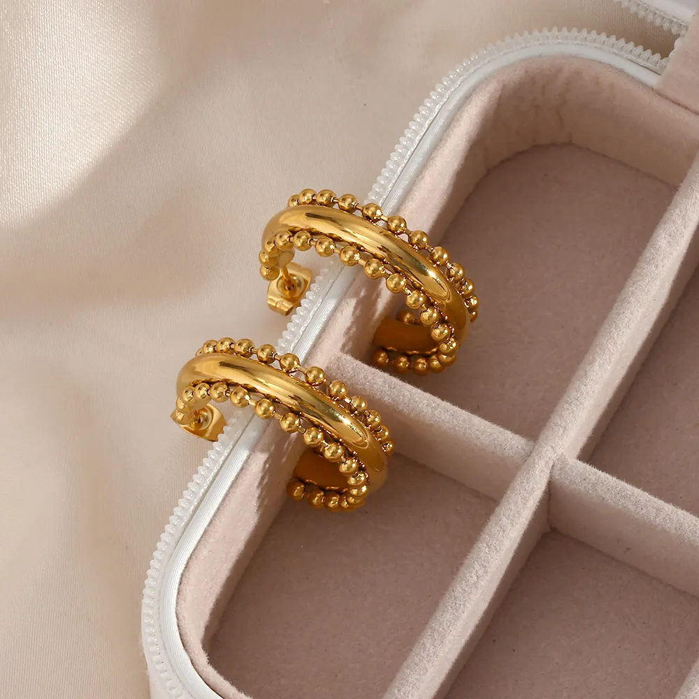 Stainless Steel Hoop Earrings 18K Gold Plated Beaded Edge C-Shaped Bohemian Retro Style Jewelry For Women