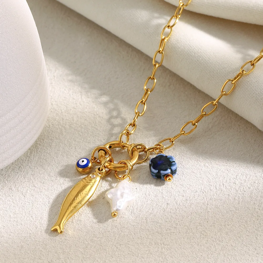 Gold Plated Stainless Steel Pendant Necklace With Fish Evil Eye Artificial Baroque Pearl Flower Charms For Women Fashion Jewelry