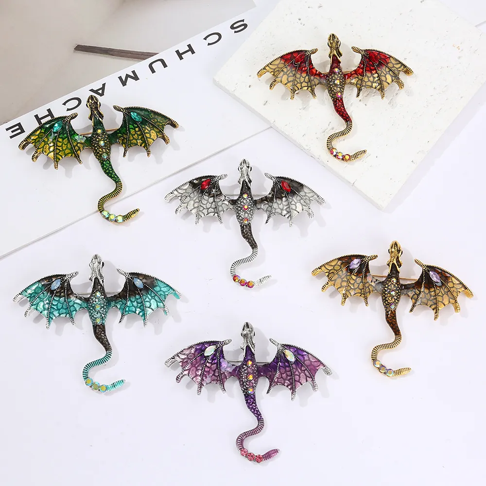 Retro Western Dragon Brooch Alloy Enamel Rhinestone Mythical Animal Pin For Suit Coat Accessory Men Women
