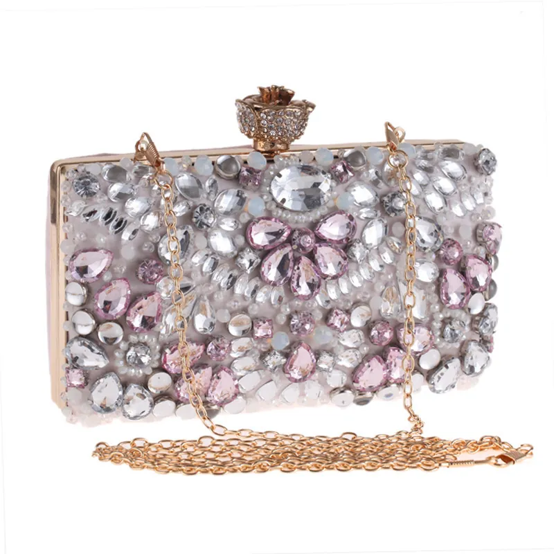 Pochette Da Sera Di Lusso Con Strass E Chiusura Fiore Rosa In Metallo Cristalli Perline Borsa Per Matrimonio Donna