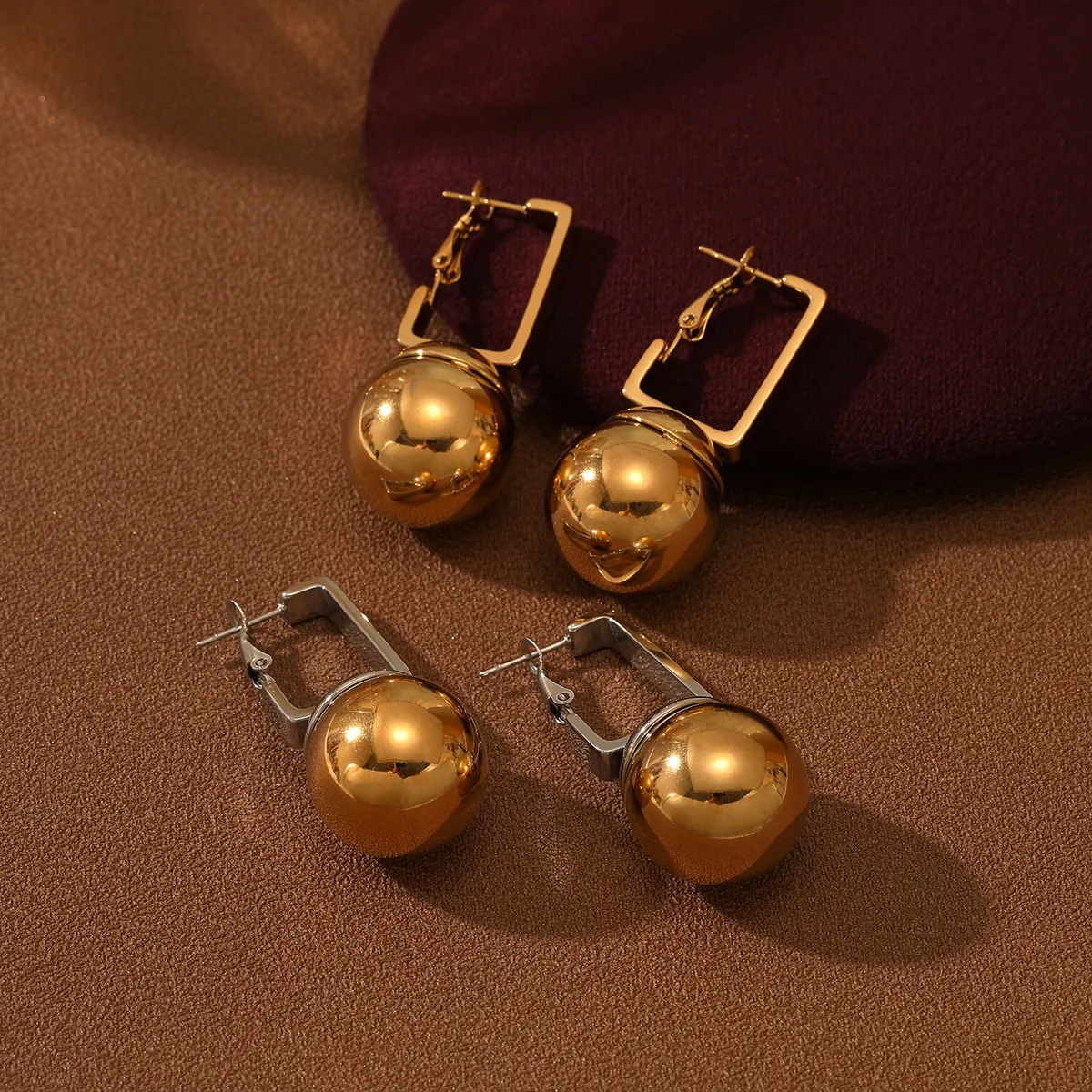 Geometric Round Ball Drop Earrings Stainless Steel 18K Gold Plated High Polish Modern Minimalist Fashion For Women