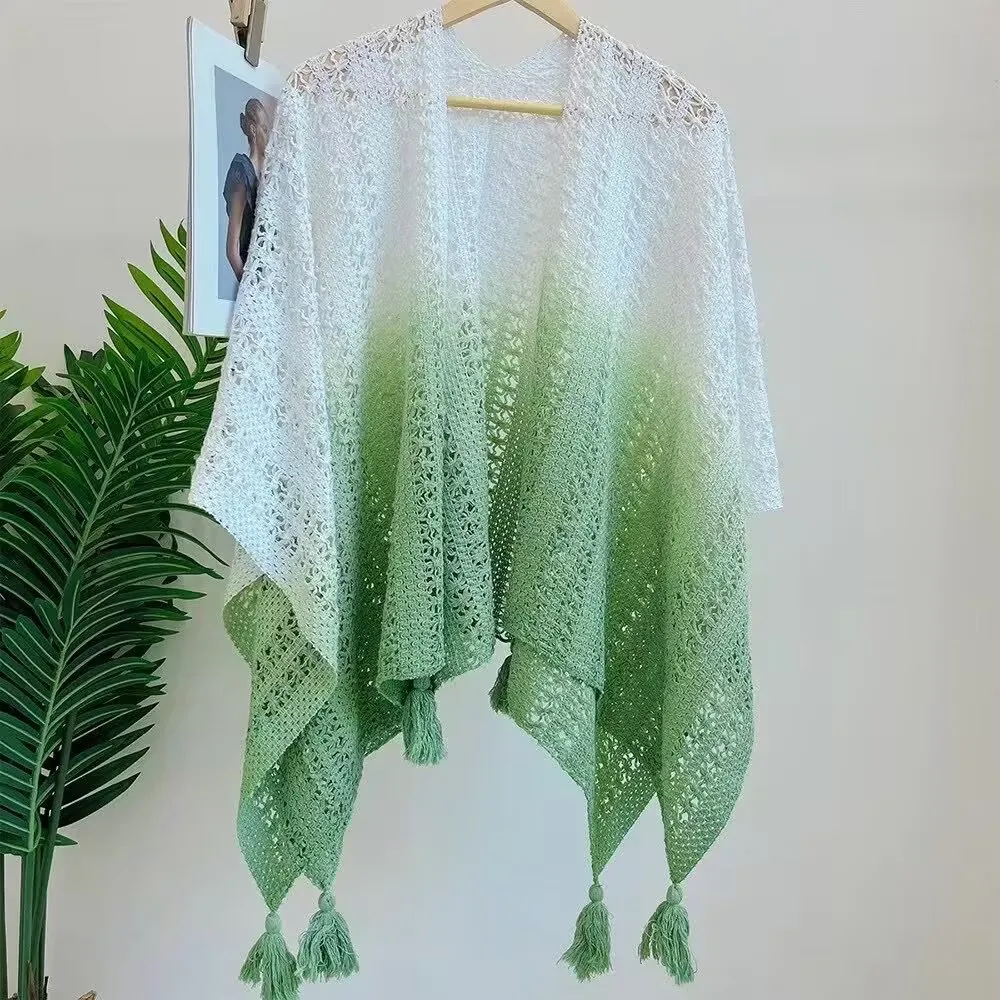 Women Hollow Knit Gradient Shawl Polyester Crochet Poncho With Tassels For Summer Vacation Bohemian Style