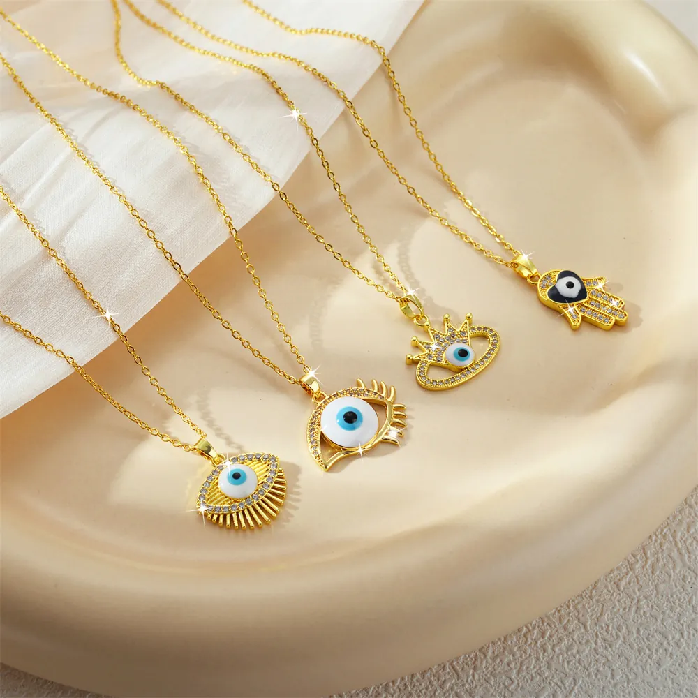 Evil Eye Hamsa Hand Pendant Necklace Stainless Steel Gold Plated Zircon Enamel Turkish Protection Jewelry For Women