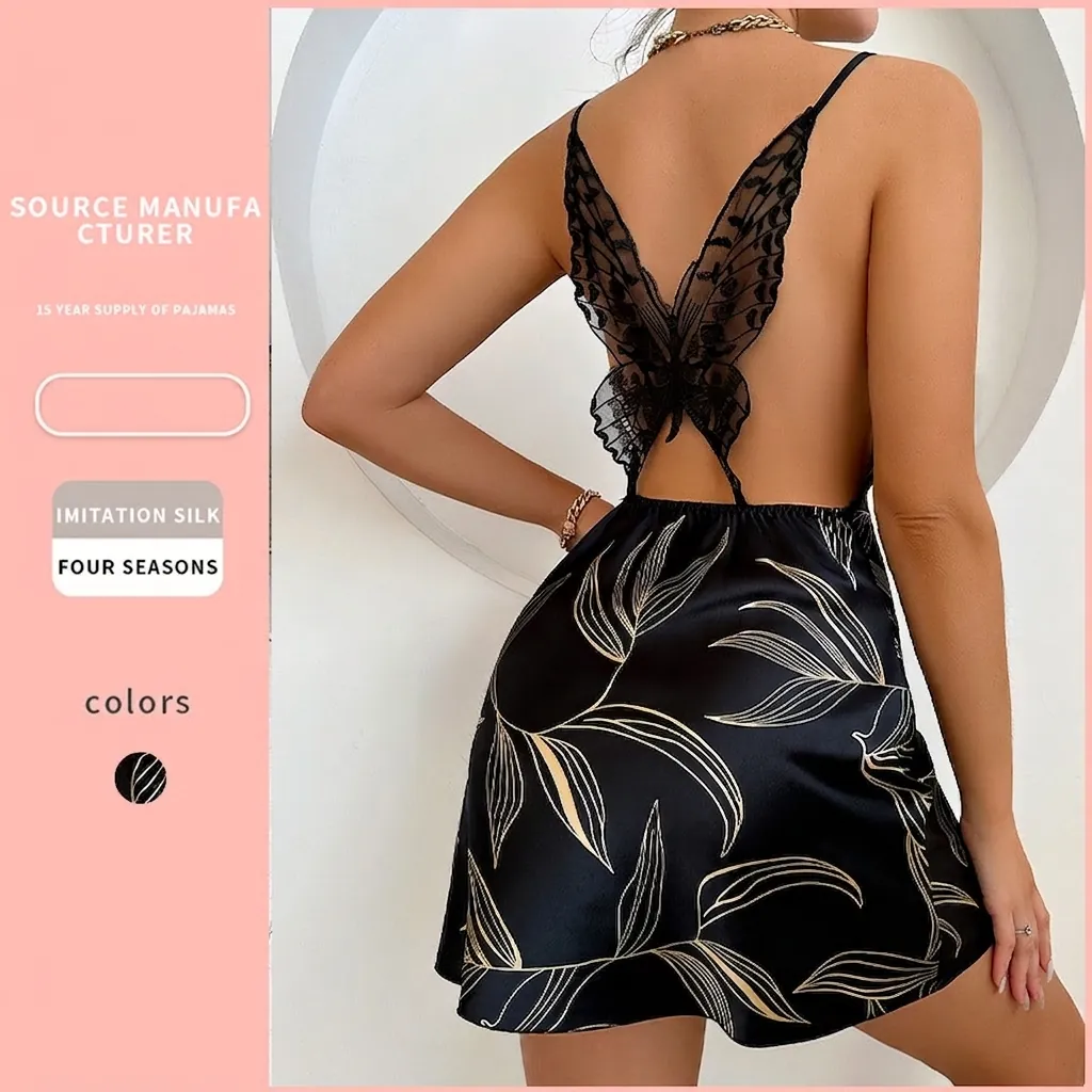 Nuisette Dos Nu Sexy Satin Dentelle Papillon Dos Col Bénitier Bretelles Spaghetti Mini Vêtement De Nuit Pour Femme