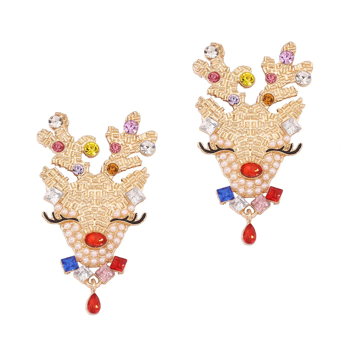 Christmas Reindeer Drop Earrings With Colorful Rhinestone And Faux Artificial Pearl Alloy Jewelry For Women Holiday Gift