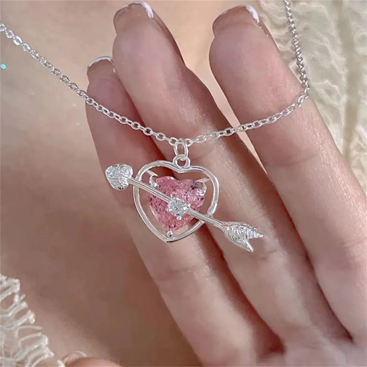 Cupid Arrow Heart Pendant Necklace Alloy Pink Rhinestone Romantic Clavicle Chain For Women Girls Student Jewelry