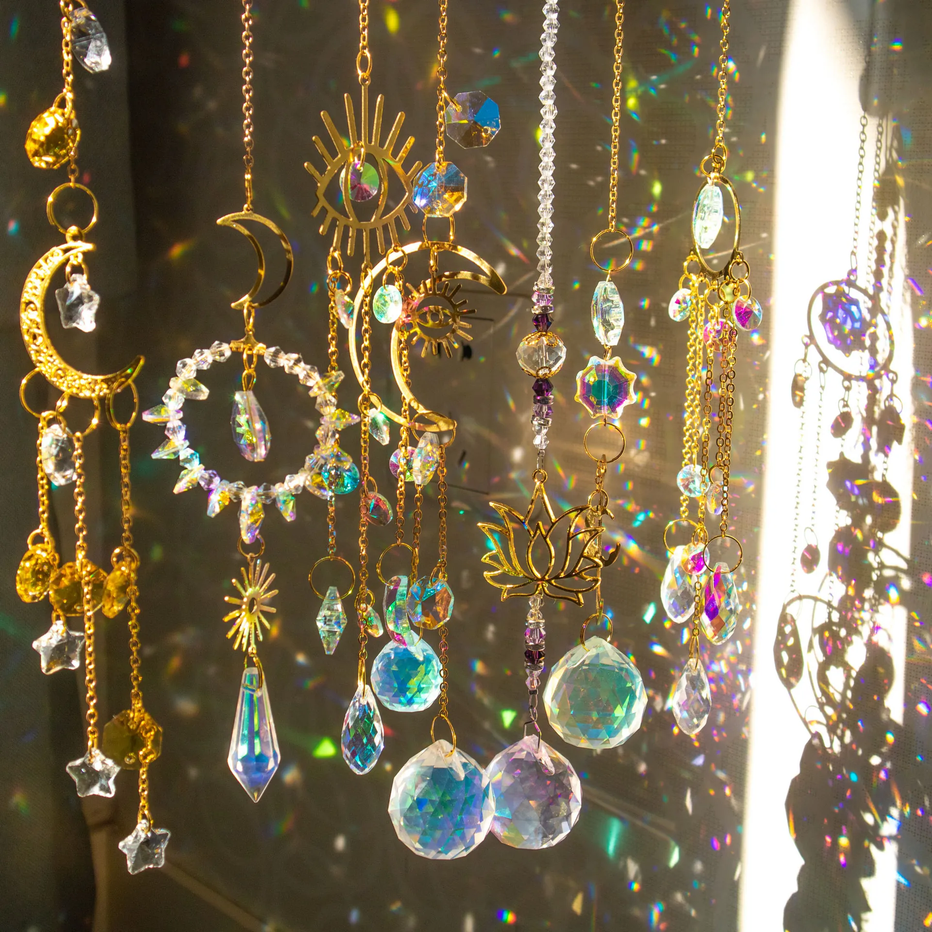 Crystal Suncatcher Hanging Ornament K9 Glass Prism Moon Star Lotus Evil Eye Rainbow Maker Window Garden Home Decor