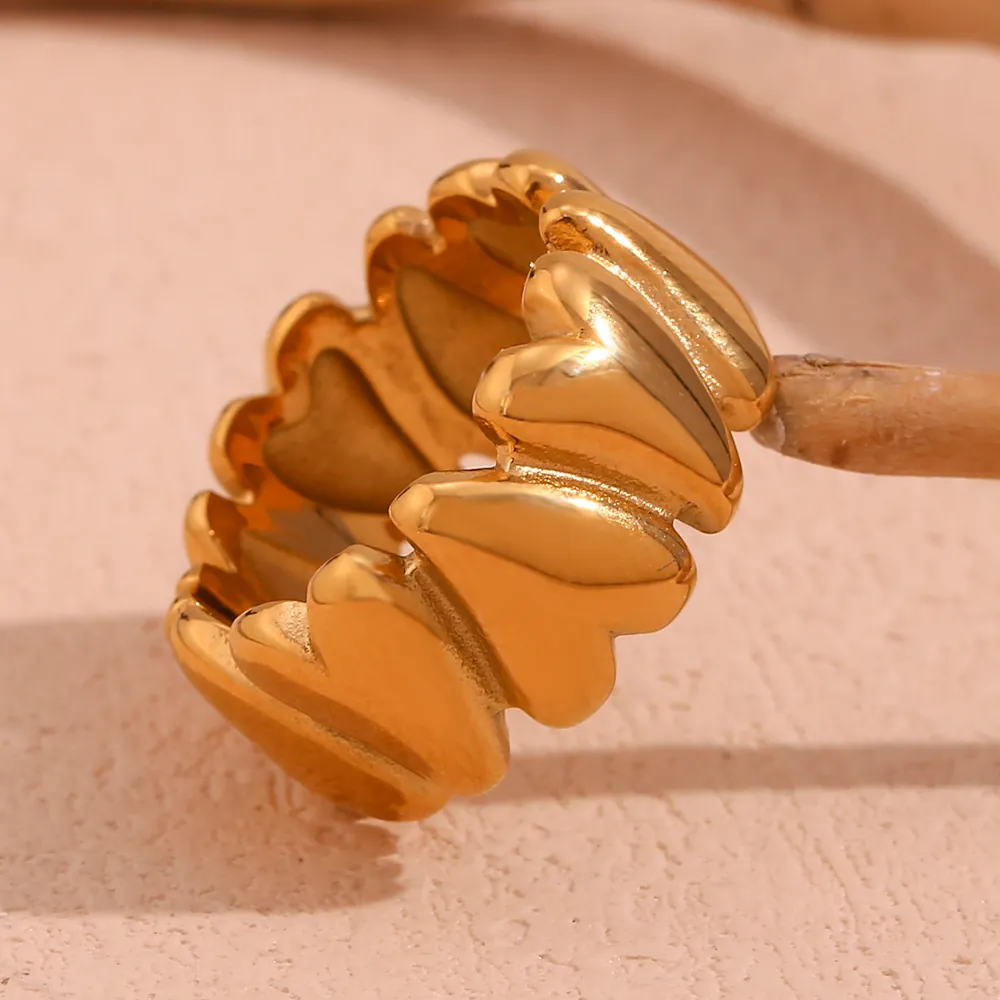 Heart Ring Interconnected 18K Gold Plated 316L Stainless Steel Hollow Geometric Artistic Wave Chic Finger Jewelry For Women