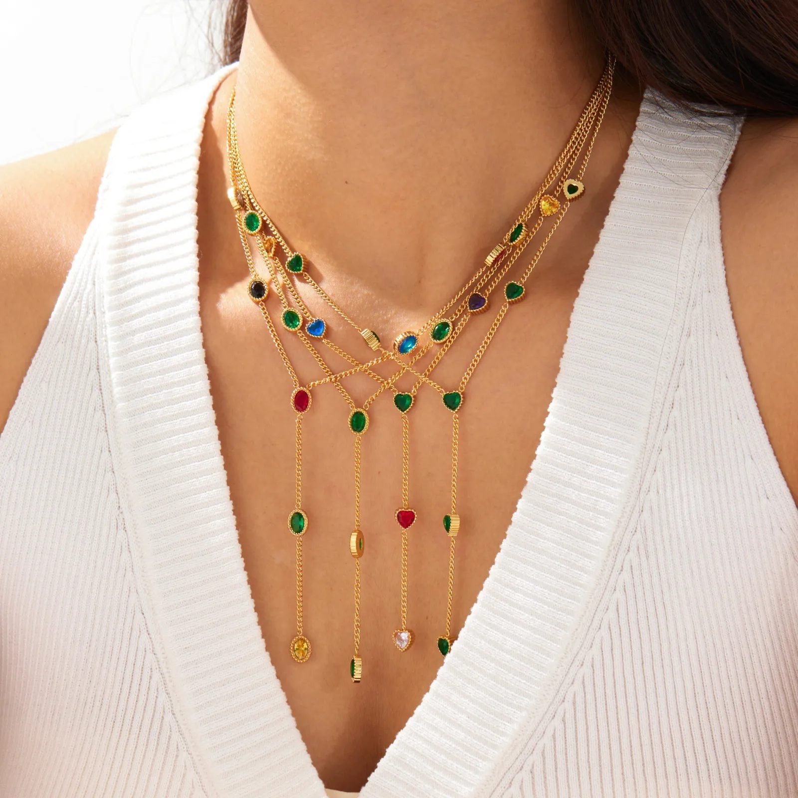 Y-Necklace 304 Stainless Steel Gold Plated Colorful Zircon Crystal Heart Round Tassel Chain Elegant Jewelry For Women