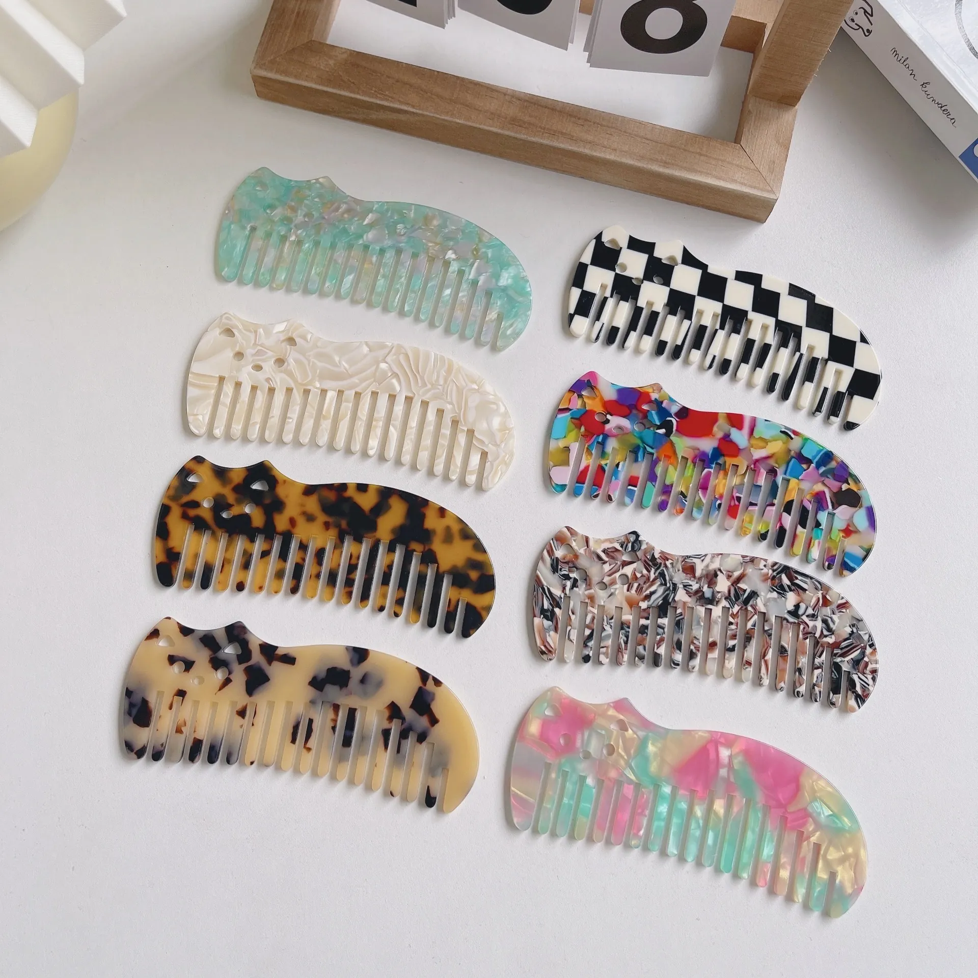 Acetate Hair Comb Anti-Static Marble Pattern Cat Shape Portable Wide Tooth Hair Styling Tool For Women
