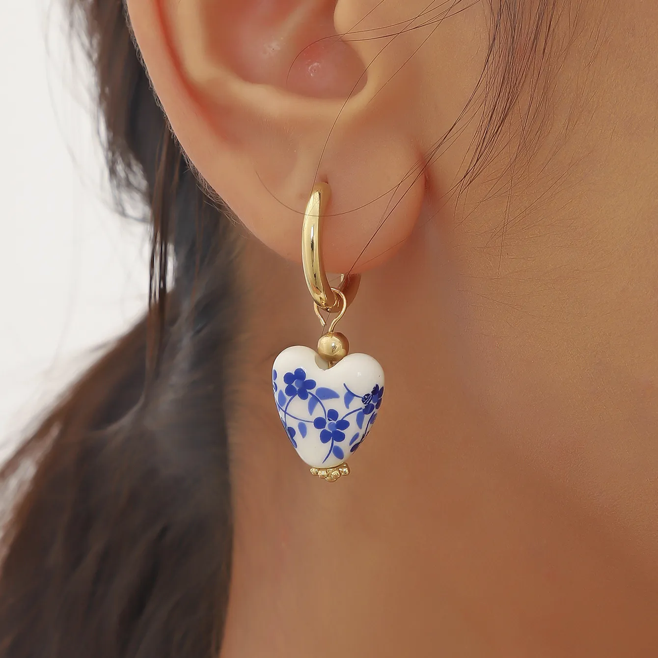 Vintage Heart Ceramic Hoop Earrings Stainless Steel Blue Floral Porcelain Pattern Chinese Style Jewelry For Women