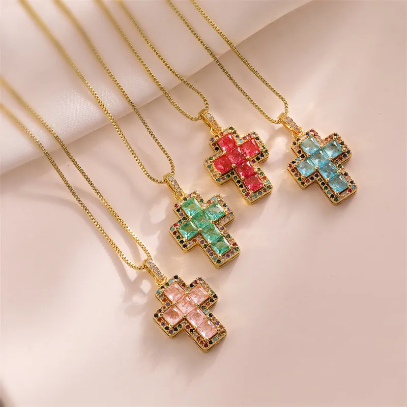 Cross Pendant Necklace Colored Zircon Copper Micro Pave Gold Plated Clavicle Box Chain Niche Design Jewelry For Women