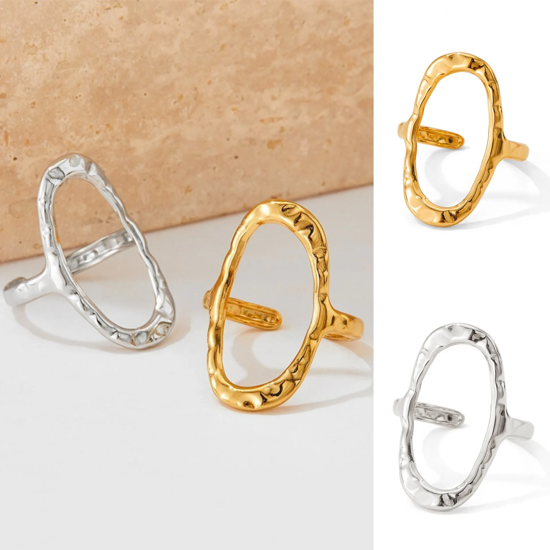 Hohler Geometrischer Irregulärer Ring Edelstahl Gehämmerte Textur Verstellbares Offenes Band Minimalistischer Schmuck
