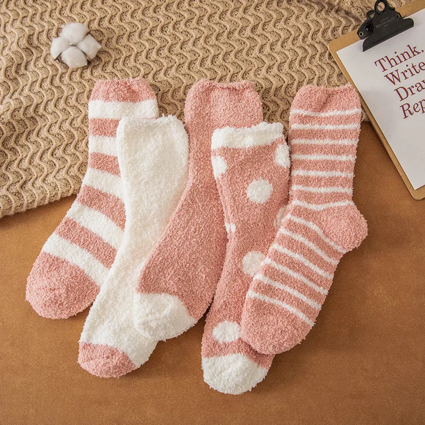 Coral Fleece House Socks Thickened Warm Winter Sleeping Home Floor Mid Calf Soft Pink Striped Polka Dot For Women