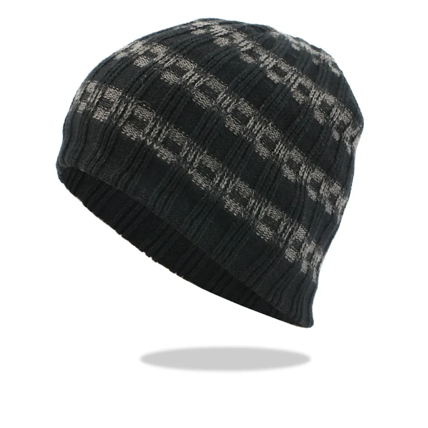 Winter Knit Beanie Hat Acrylic Striped Lattice Thermal Fleece Lined Warm Outdoor Skiing Cap For Men Women