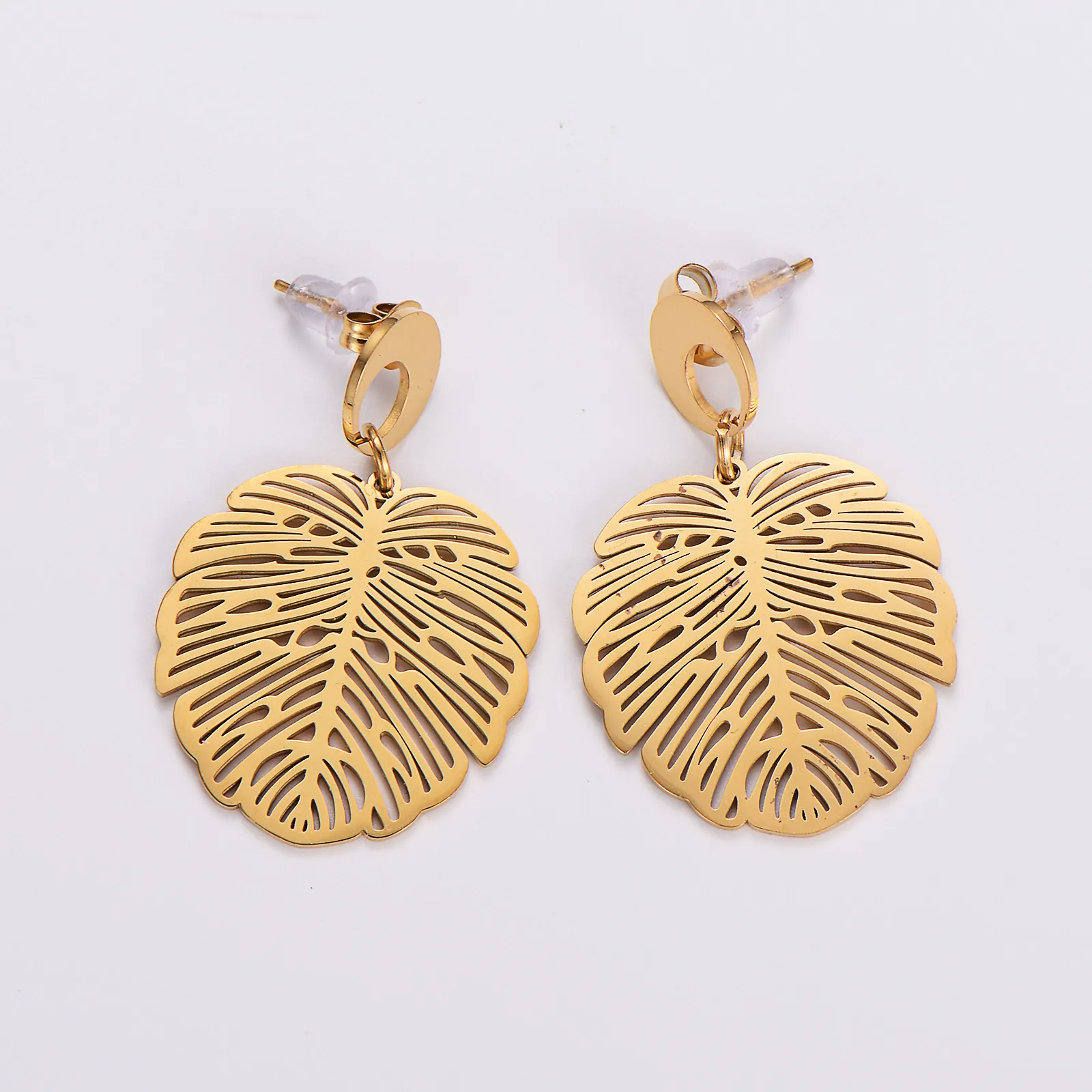 Monstera Leaf Earrings 316L Stainless Steel 18K Gold Plated Hollow Out Textured Leaf Drop Earrings For Women