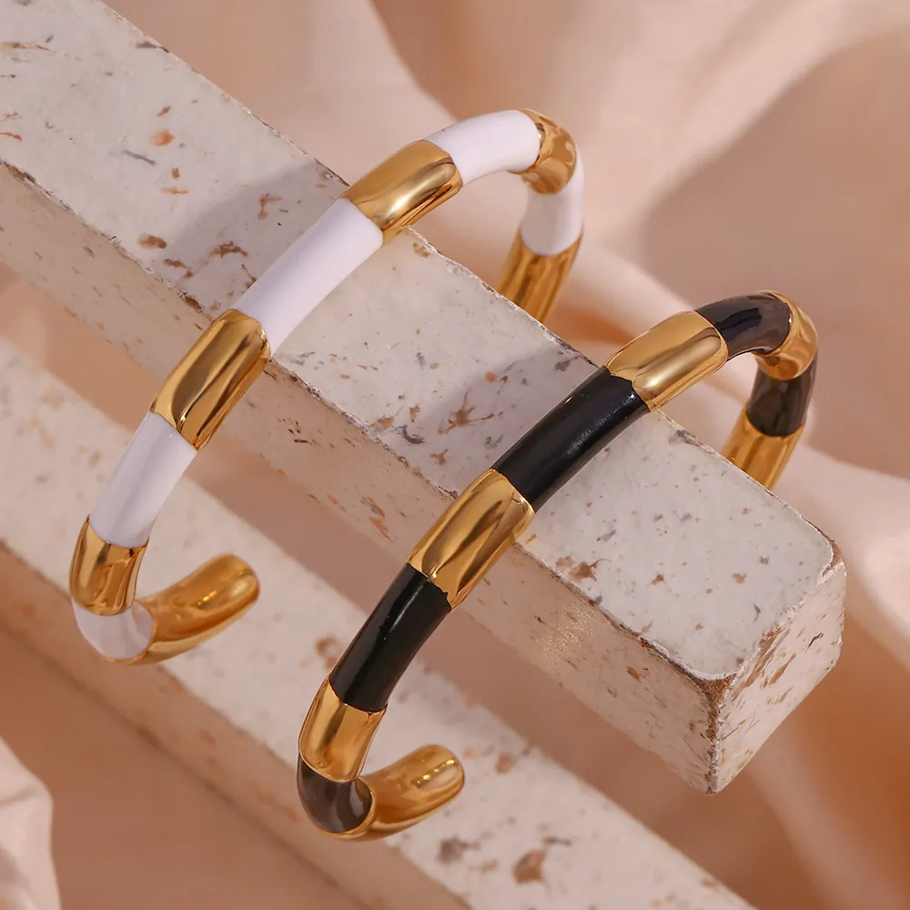 Minimalist Stainless Steel Bamboo Segmented Bangle 18K Gold Plated Enamel Oil Drip Bangle Bracelet For Women Fashion Jewelry