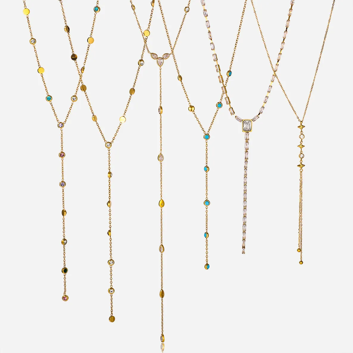 Stainless Steel Y Shaped Necklace Gold Plated Zircon Lariat Long Sweater Chain Waterproof Hypoallergenic Jewelry For Women
