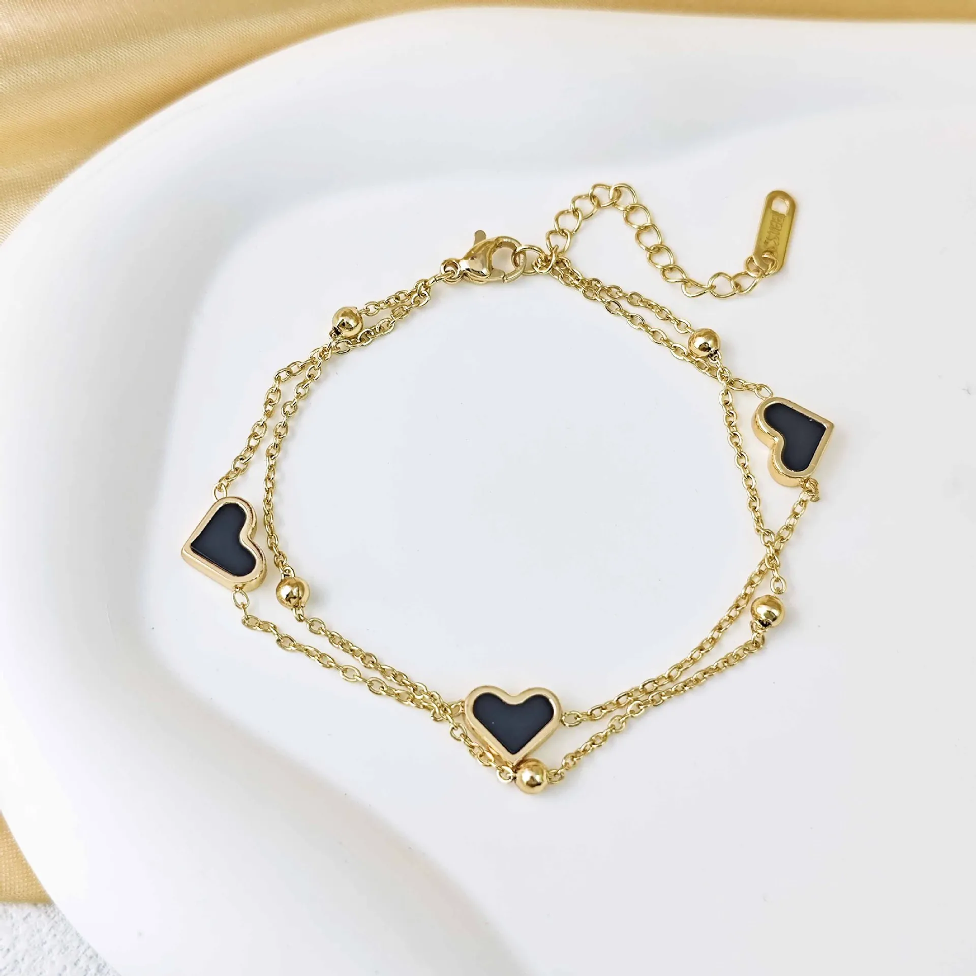 Stainless Steel Double Layer Heart Pendant Bracelet Gold Plated Minimalist Adjustable Link Chain Bracelet For Women Fashion Jewelry Gift