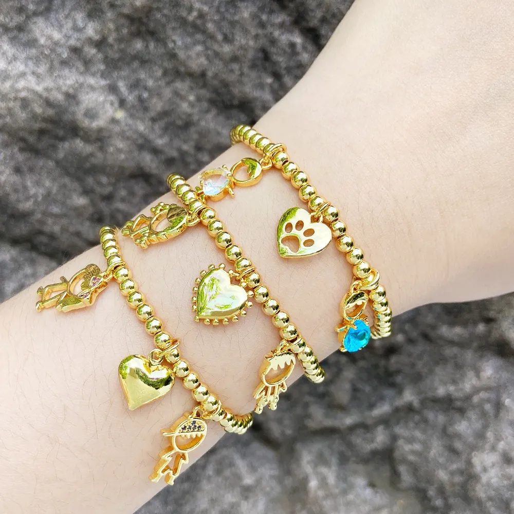 Gold Plated Copper Beaded Bracelet With Boy Girl Heart Charms Rhinestone Minimalist Fashion Jewelry Bracelet For Women Gift