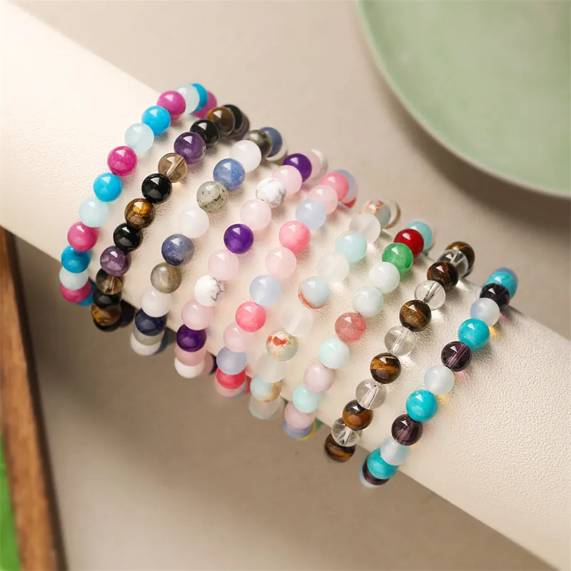 Bracelet de Perles en Pierre Naturelle Cordon Élastique Shoushan Oeil de Tigre Cristal de Roche Agate Améthyste Bracelet en Cristal pour Homme Femme