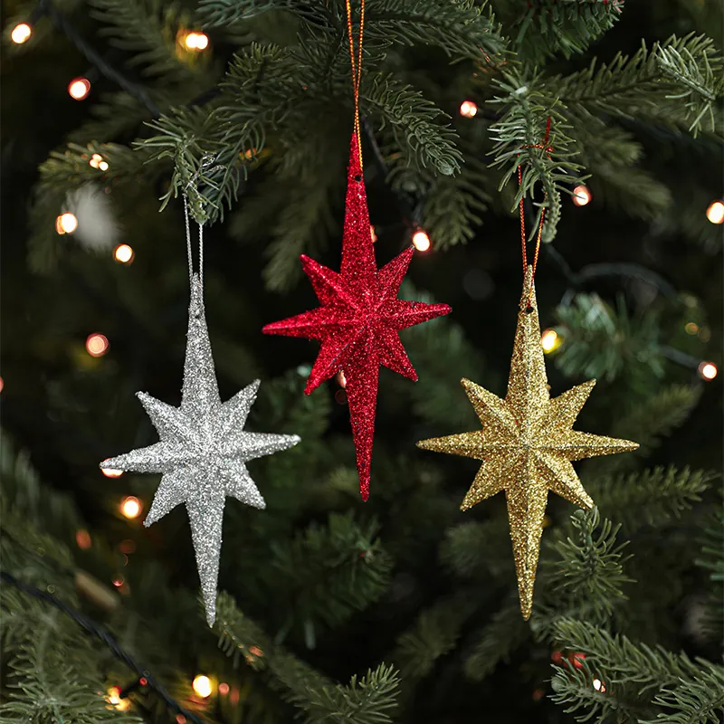 Glitter Octagonal Explosion Star Hanging Ornaments For Christmas Tree Decorations Festive Holiday Party Home Decor Sparkling Star