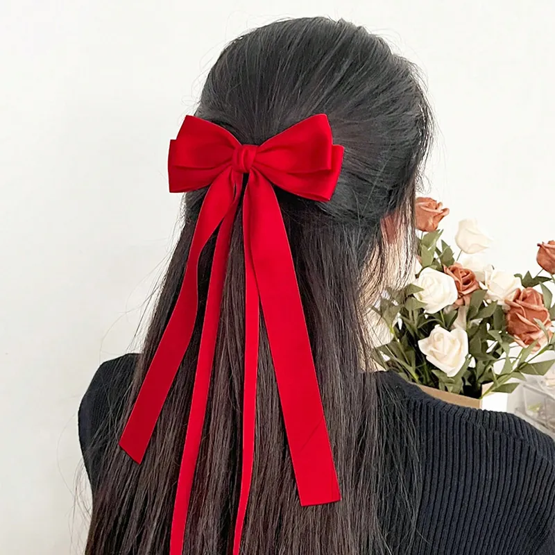 Pinza para el Cabello con Lazo Grande Vintage Francés con Cintas Largas Elegante Tela Textura Satén Hecha a Mano para Mujer