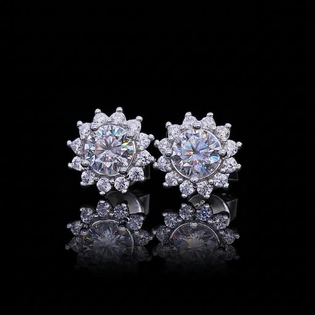 925 Sterling Silver Moissanite Sunflower Stud Earrings Round Cut Halo Cluster Jewelry For Women Anniversary Wedding Gift