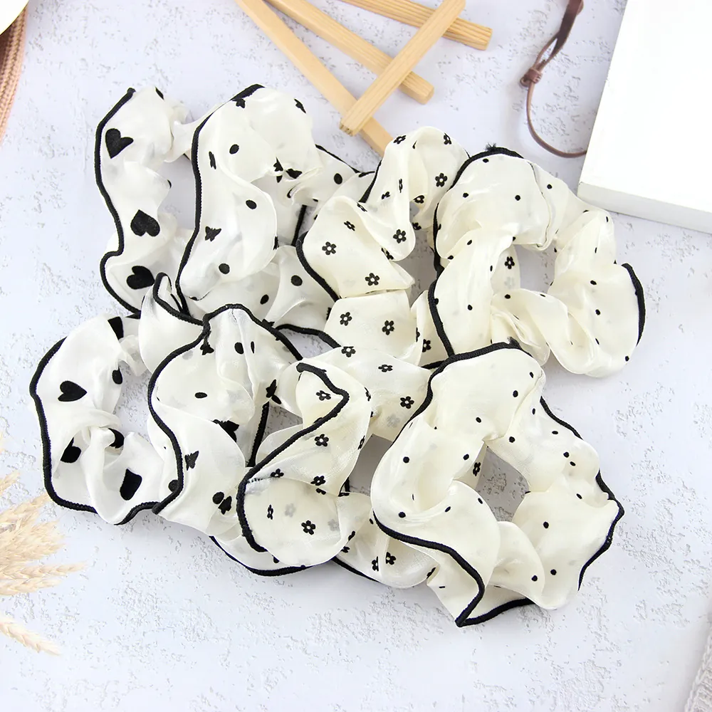 Large Chiffon Scrunchies Korean Style Polka Dot Heart Butterfly Floral Patterns Contrast Edge Hair Ties For Women