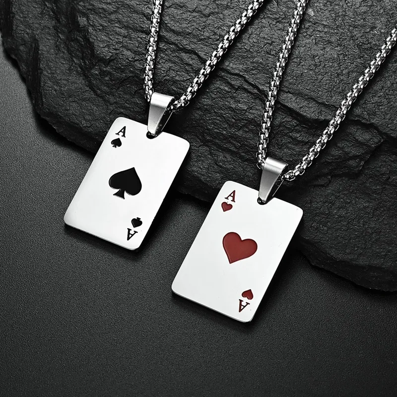 Lucky Poker Ace Pendant Necklace Alloy Titanium Steel Ace Of Spades Hearts Hip Hop Punk Streetwear Jewelry For Men Women Unisex