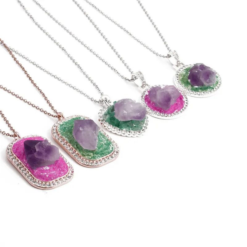 Collana Con Ciondolo In Pietra Di Ametista Grezza Con Catena In Acciaio Inossidabile Lega Strass Cuore Cristallo Naturale