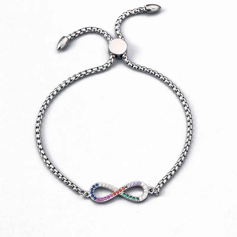 Unendlichkeitssymbol Armband Edelstahl Kupfer Regenbogen Zirkonia Verstellbare Box Kette Schmuck Zubehör Für Damen Herren