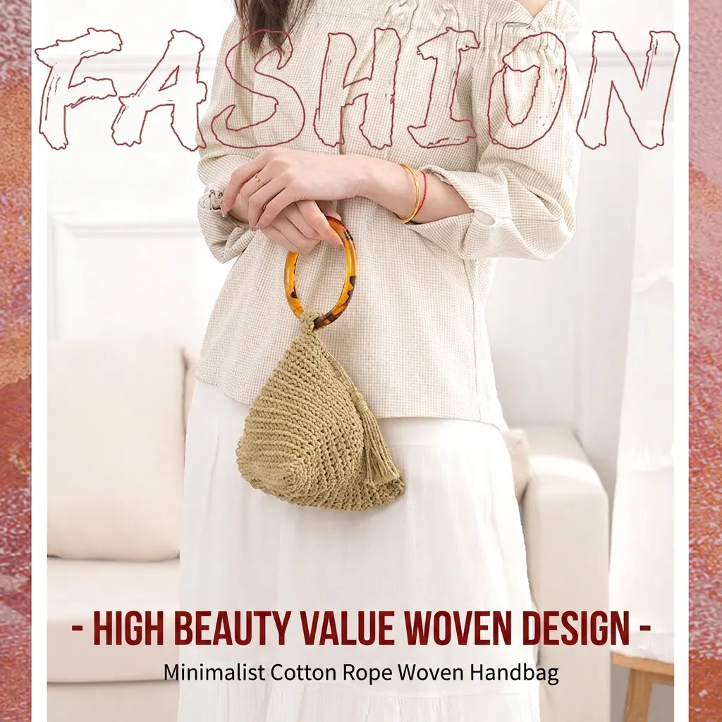 Sac À Main Minimaliste En Corde De Coton Tissé Avec Poignée En Résine Ambre Pochette Triangle Au Crochet Bohème Gland
