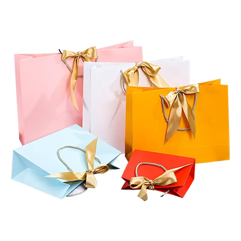 Paper Gift Bags With Ribbon Bow Handles Colorful Elegant Packaging For Jewelry Clothing Wedding Party Shopping