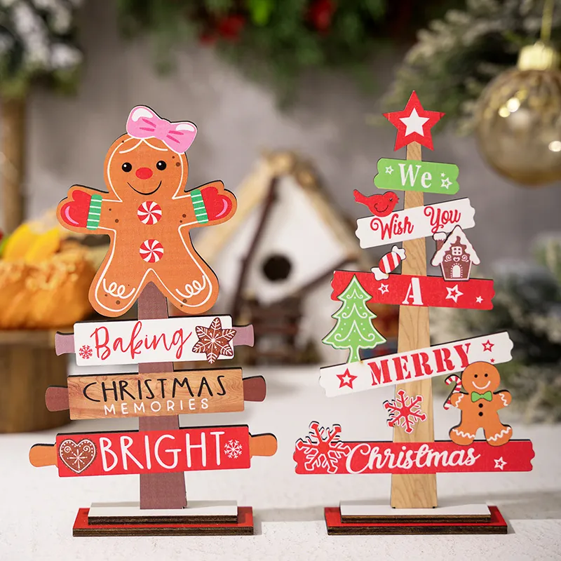 Christmas Wooden Tabletop Ornament Gingerbread Man Tree Multi Layer Decorative Festive Sign For Home Office