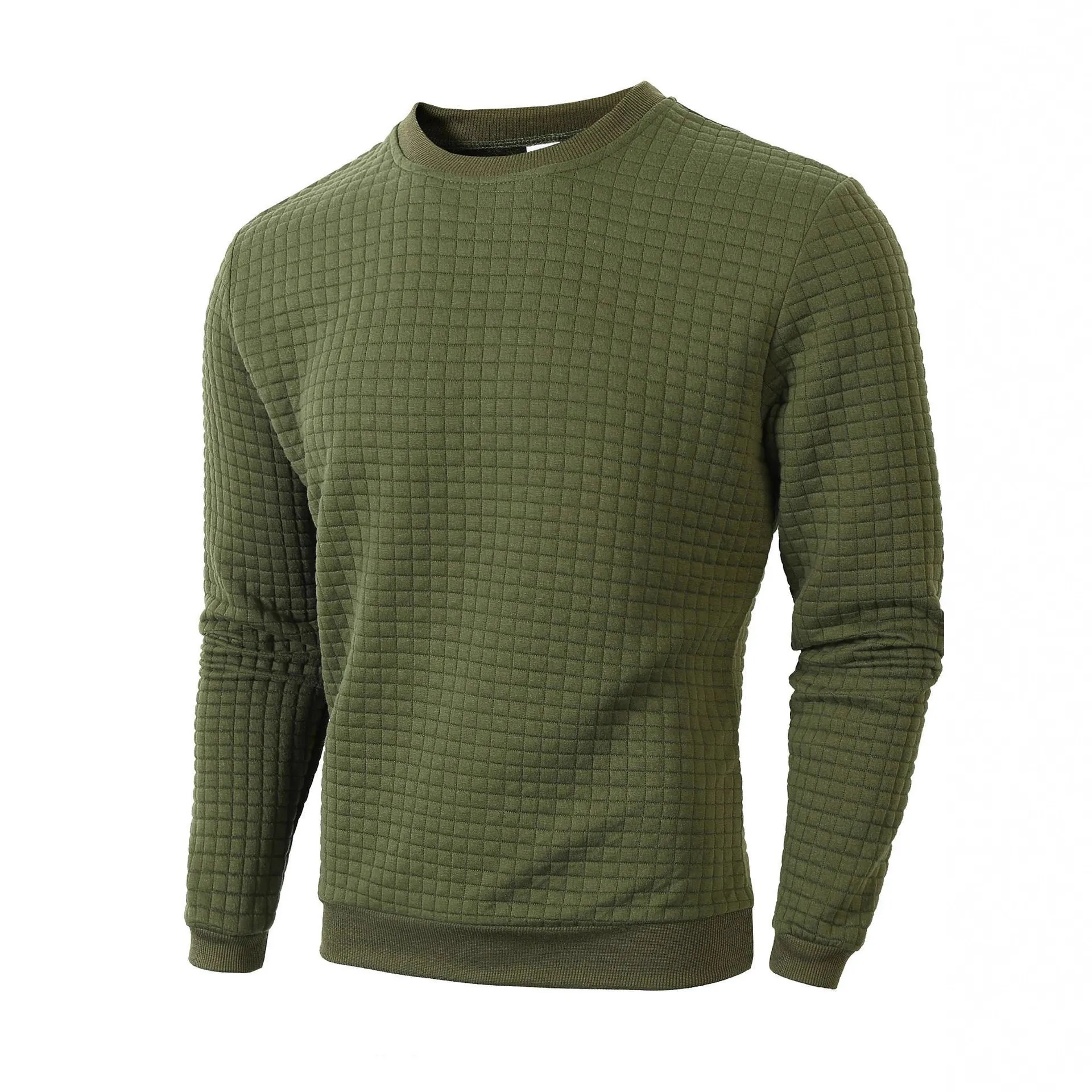 Men Waffle Knit Crewneck Sweatshirt Polyester Quilted Grid Long Sleeve Top Casual Slim Fit European Style Base Layer Pullover