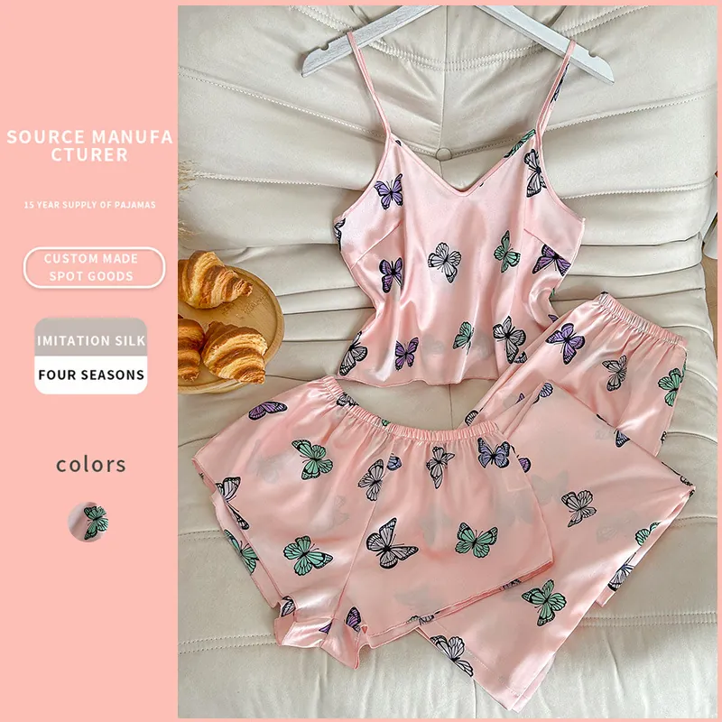 Women Pink Butterfly Print Pajama Set Satin Polyester Camisole Shorts Trousers Loungewear Top And Bottom Comfortable Sleepwear