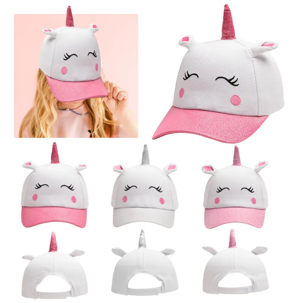 Kids Unicorn Baseball Cap Cotton Glitter Horn Ears Embroidery Adjustable Sun Hat For Toddler Girls