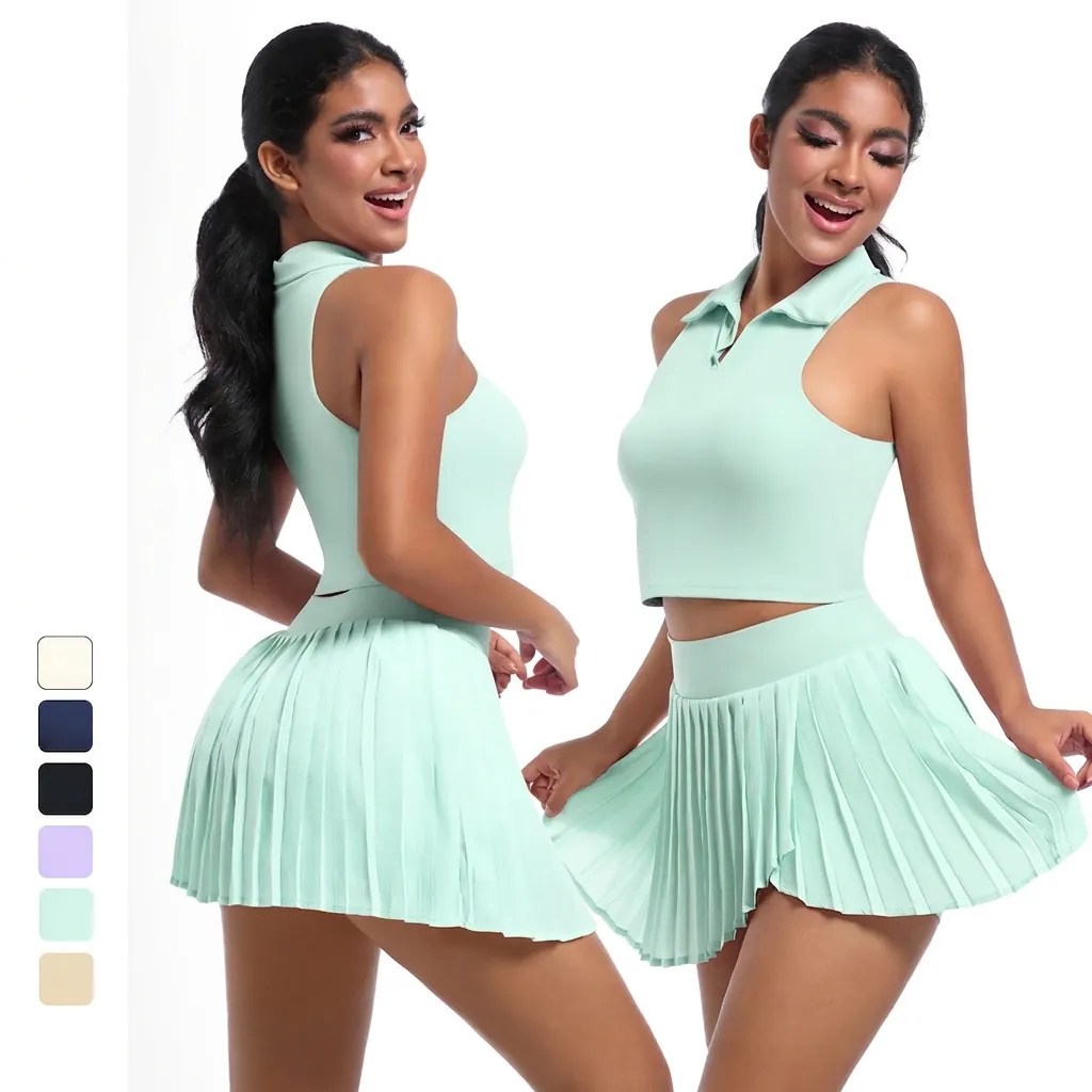 Set Top Polo Senza Maniche e Gonna a Pliche da Donna Tuta Sportiva Traspirante ad Asciugatura Rapida per Tennis Golf Fitness