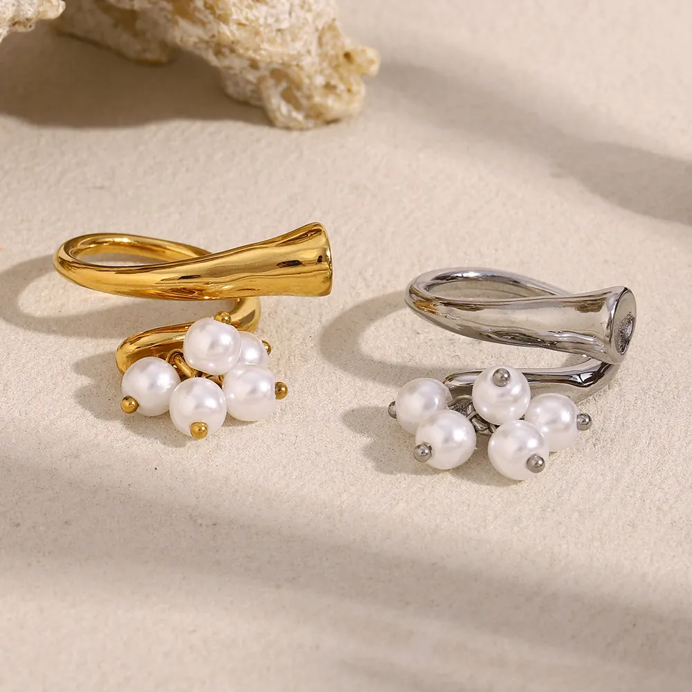 Stainless Steel Open Ring 18K Gold Plated Irregular Geometric Cluster Artificial Pearl Fashion Trendy Minimalist Jewelry For Women