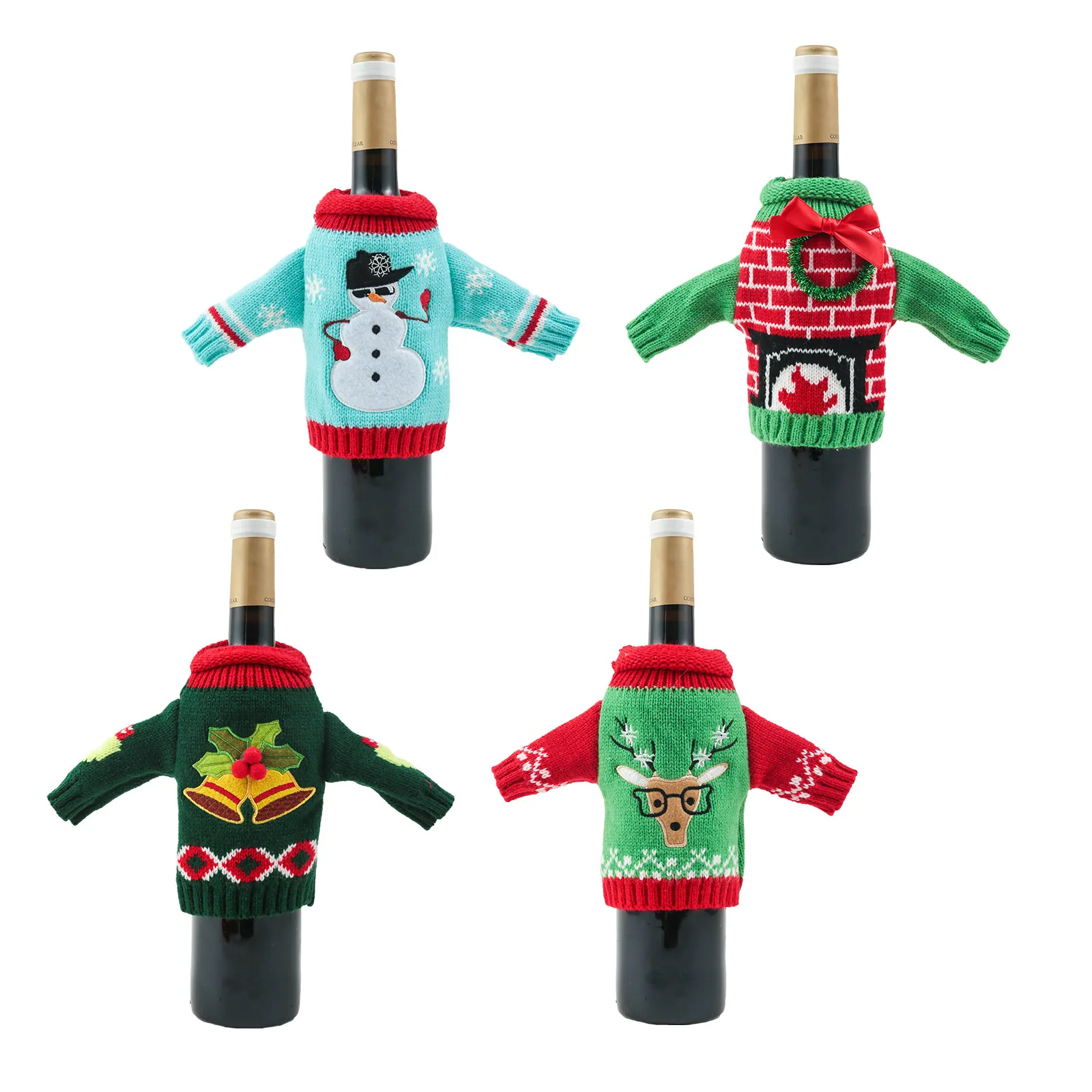 Christmas Wine Bottle Cover Knitted Sweater Reindeer Snowman Bell Pattern Holiday Dinner Table Decoration Gift Bag