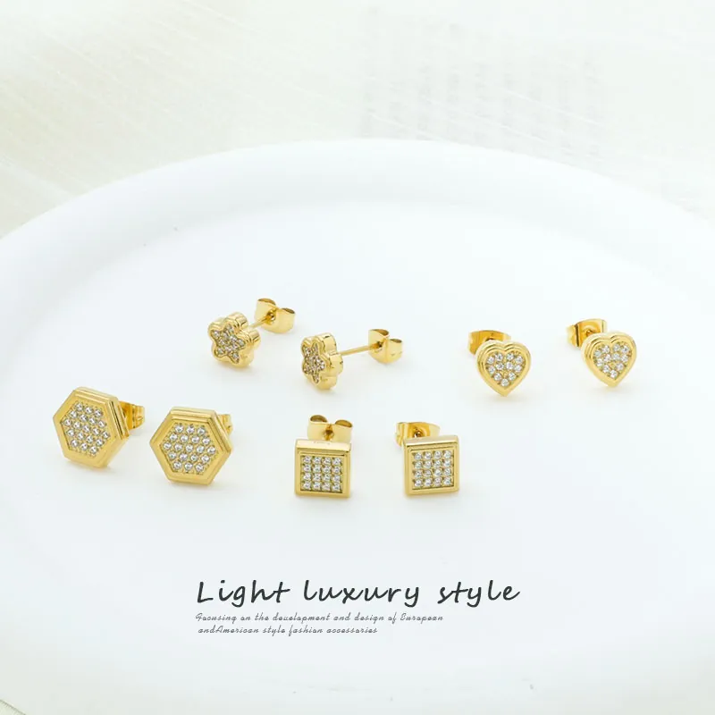 Geometric Stud Earrings Titanium Steel Cubic Zirconia Pavé Shiny Gold Plated Fashion Minimalist Jewelry For Women