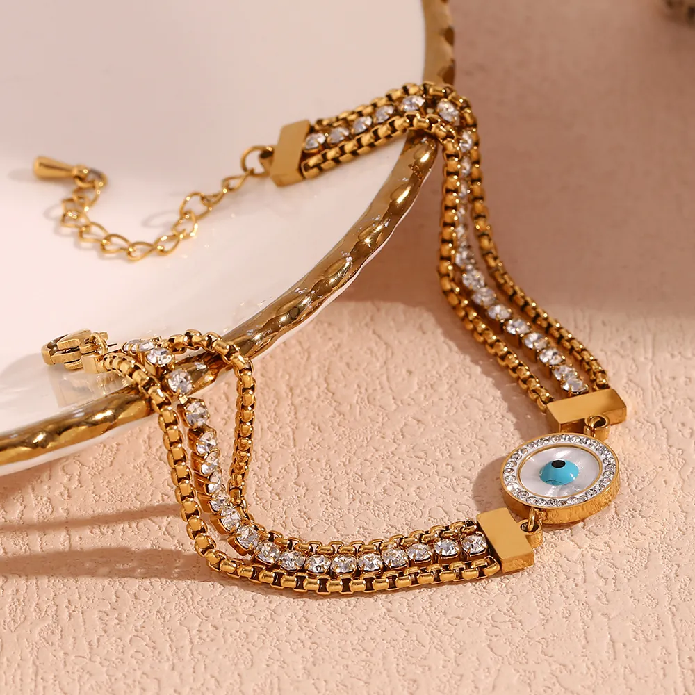 Fashion Stainless Steel Triple Layer Chain Bracelet For Women 18K Gold Plated Evil Eye Rhinestone Charm Adjustable Jewelry