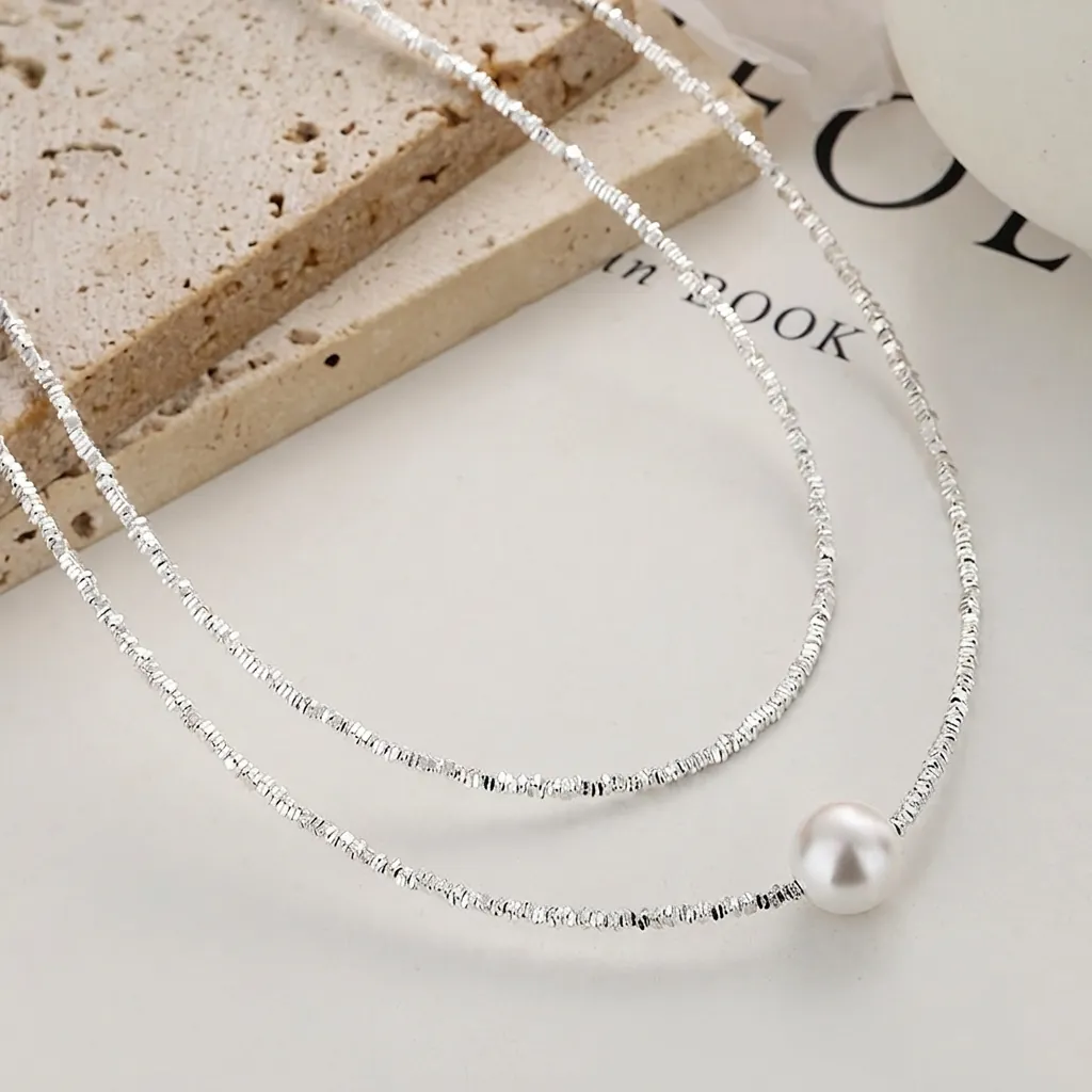 Collar De Perlas Artificiales De Plata De Ley 925 Cadena De Clavícula Estilo Plata Triturada Joyería Minimalista Elegante Para Mujer