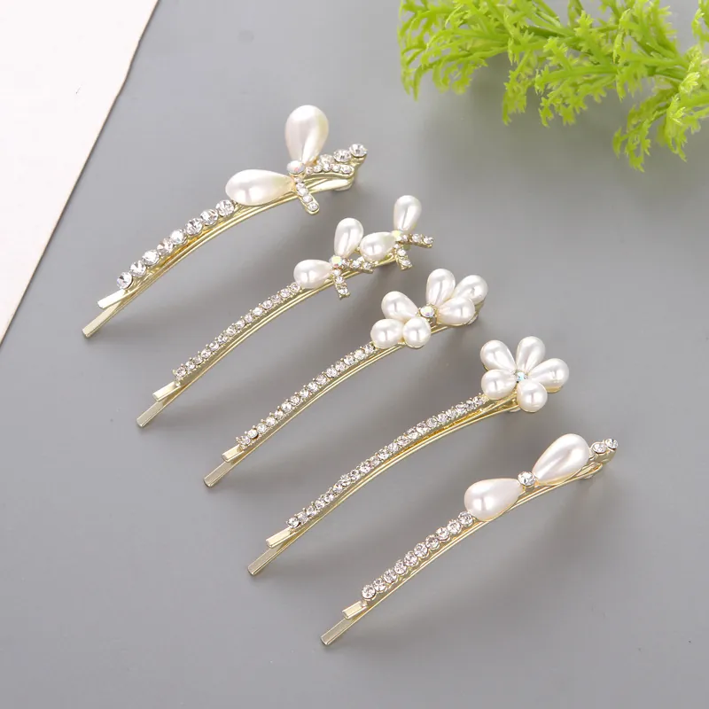 Elegant Artificial Pearl Rhinestone Hair Clip Gold Alloy Bobby Pin Butterfly Flower Bow Shape Side Hair Accessory For Women Girls