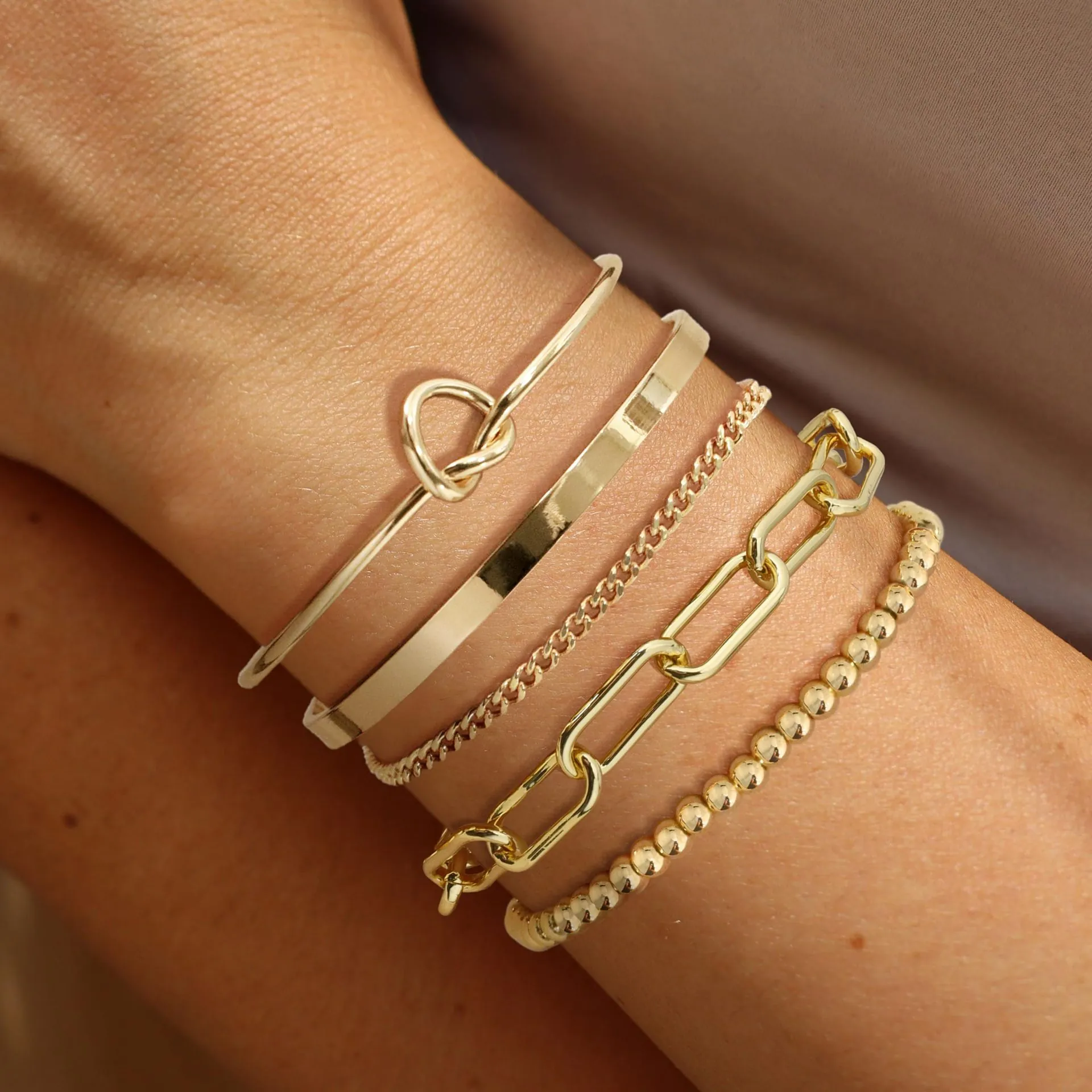 Trendy 14K Gold Plated Brass Schmuck Damen Armband Mit Paperclip Link Und Cuban Chain Und Figaro Link Und Cuff Bangle